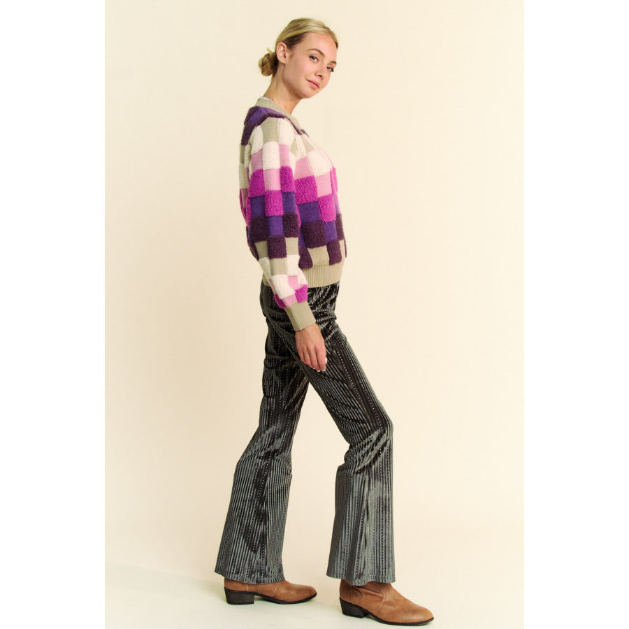 Davi & Dani Checkered Round Neck Long Sleeve Sweater Apparel and Accessories