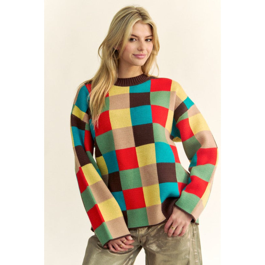 Davi & Dani Color Block Checkered Dropped Shoulder Sweater Apparel and Accessories