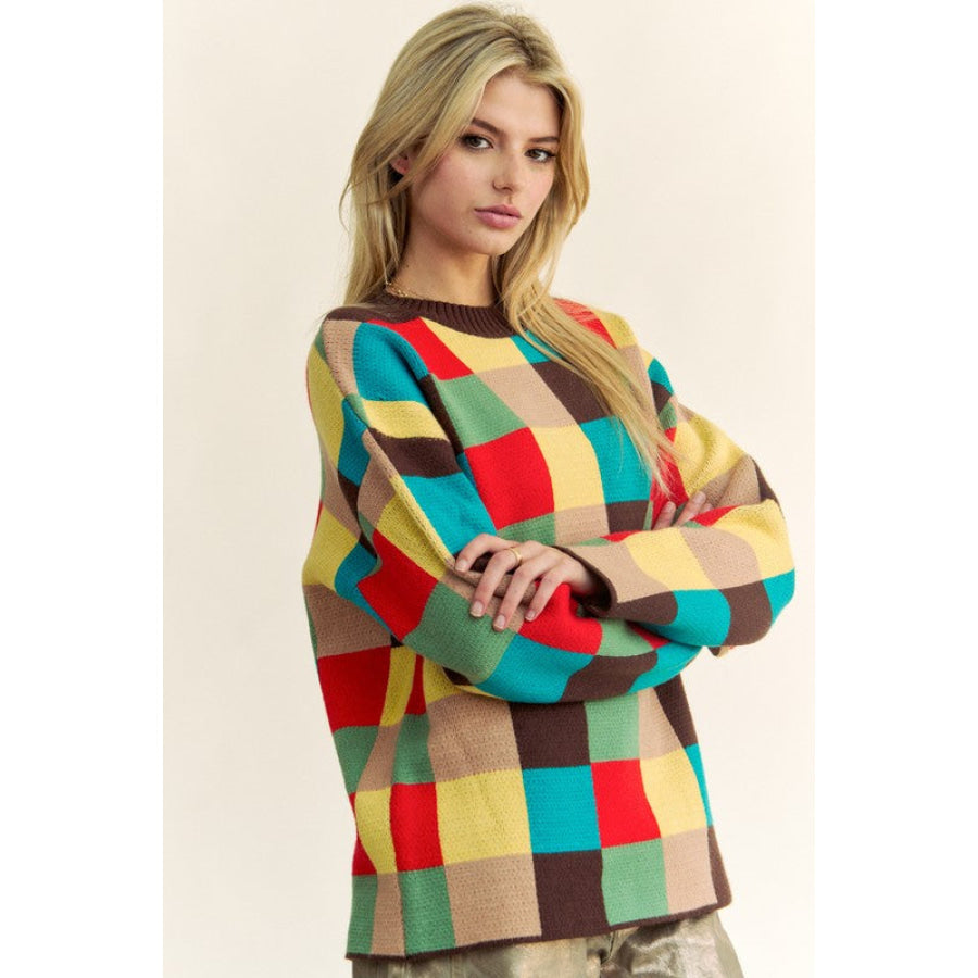 Davi & Dani Color Block Checkered Dropped Shoulder Sweater Apparel and Accessories
