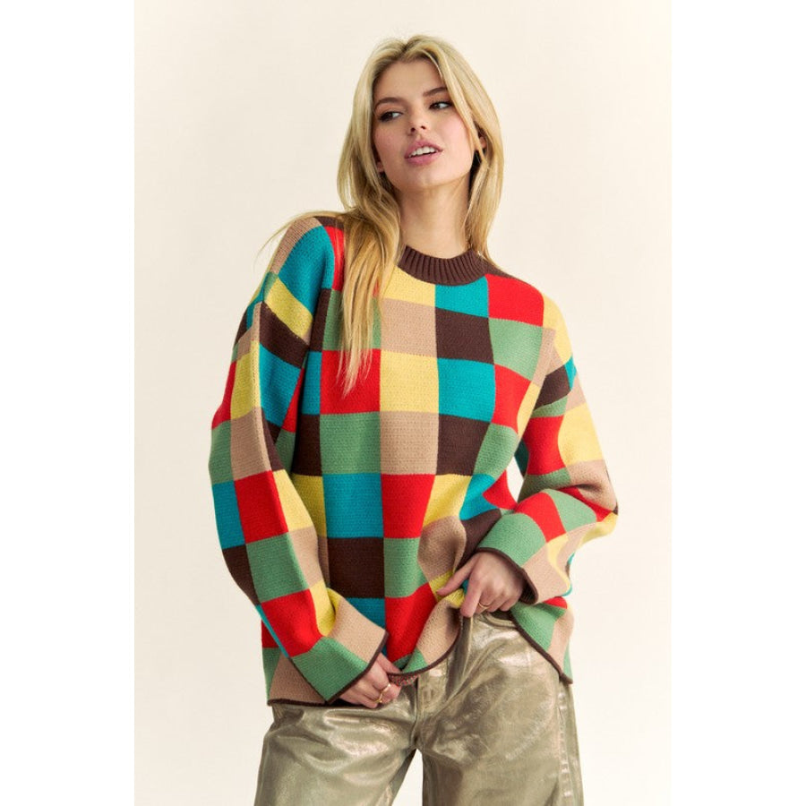 Davi & Dani Color Block Checkered Dropped Shoulder Sweater Apparel and Accessories