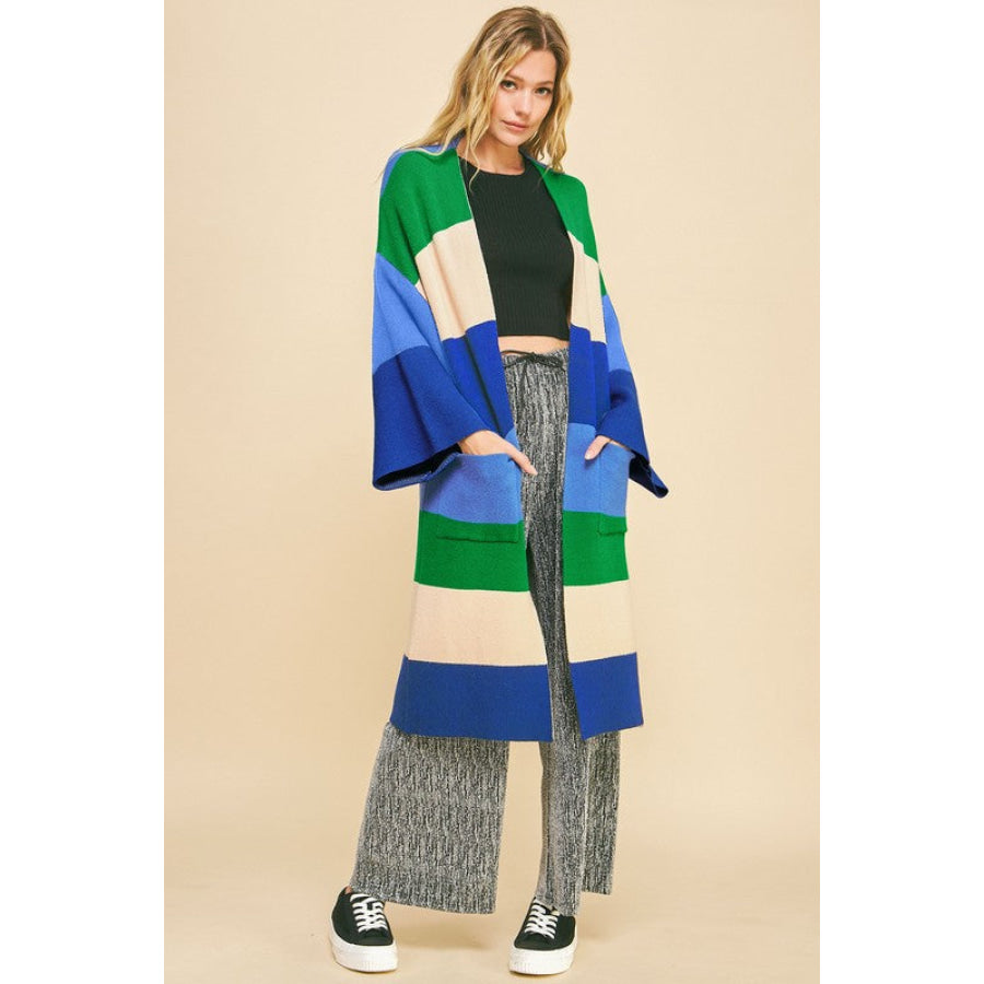 Davi & Dani Color Block Kimono Sleeve Open Front Cardigan Blue Stripe / S Apparel and Accessories