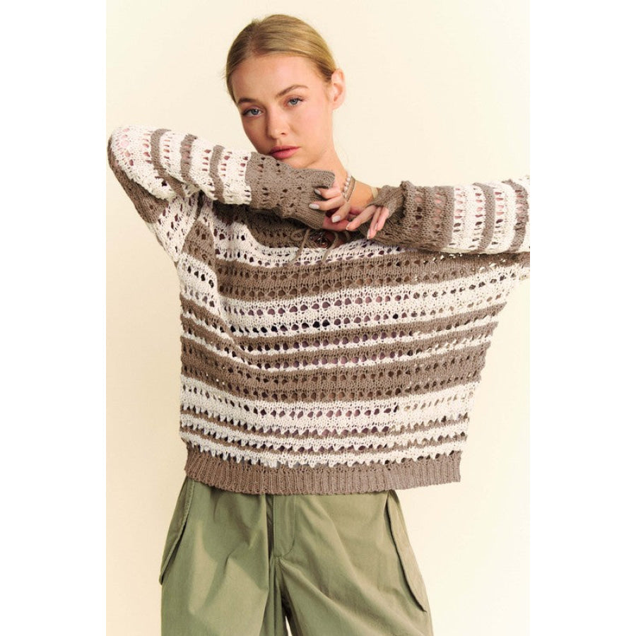Davi & Dani Contrast Striped Crochet Drop Shoulder Knit Cover Up Apparel and Accessories