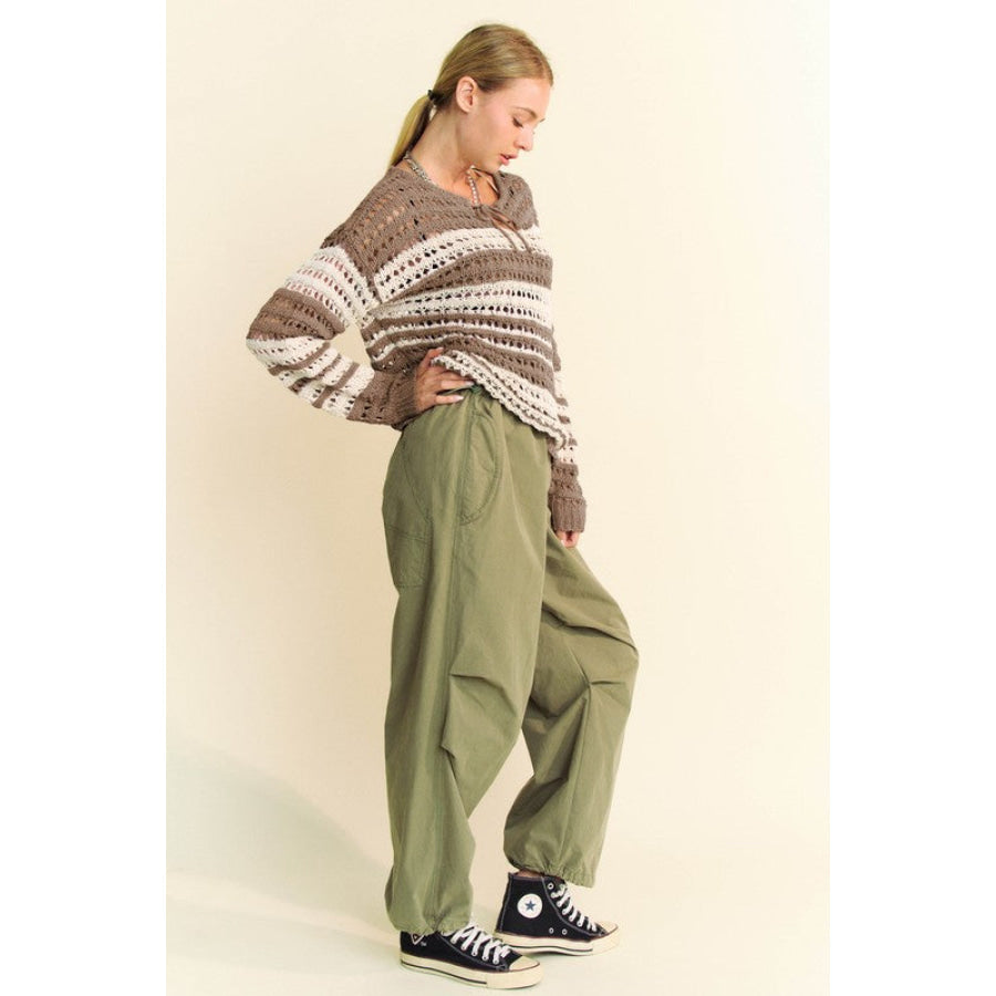 Davi & Dani Contrast Striped Crochet Drop Shoulder Knit Cover Up Apparel and Accessories