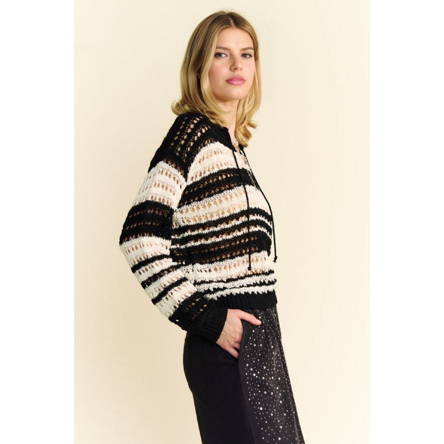 Davi & Dani Contrast Striped Crochet Drop Shoulder Knit Cover Up Apparel and Accessories