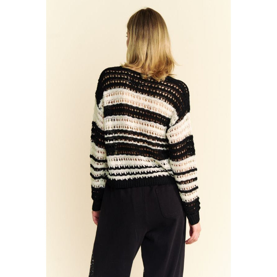 Davi & Dani Contrast Striped Crochet Drop Shoulder Knit Cover Up Apparel and Accessories