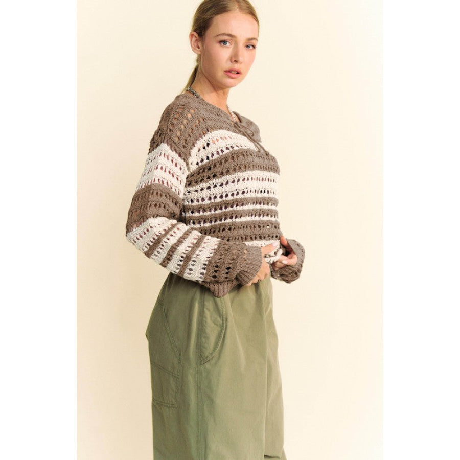 Davi & Dani Contrast Striped Crochet Drop Shoulder Knit Cover Up Apparel and Accessories