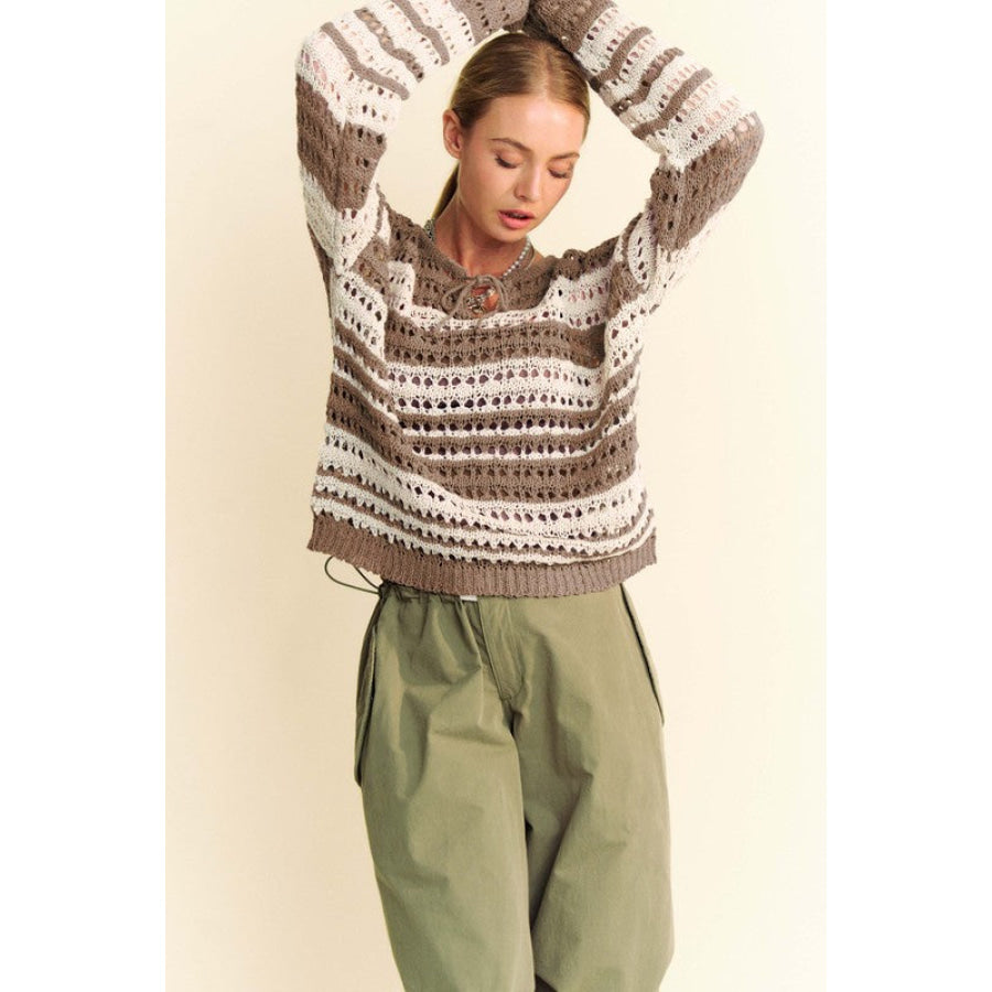 Davi & Dani Contrast Striped Crochet Drop Shoulder Knit Cover Up Taupe / S Apparel and Accessories