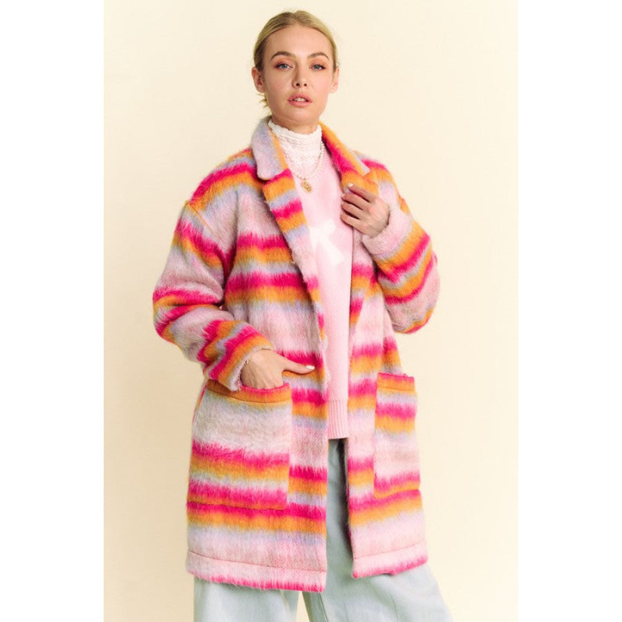 Davi & Dani Contrast Striped Open Front Coat with Pockets Apparel and Accessories