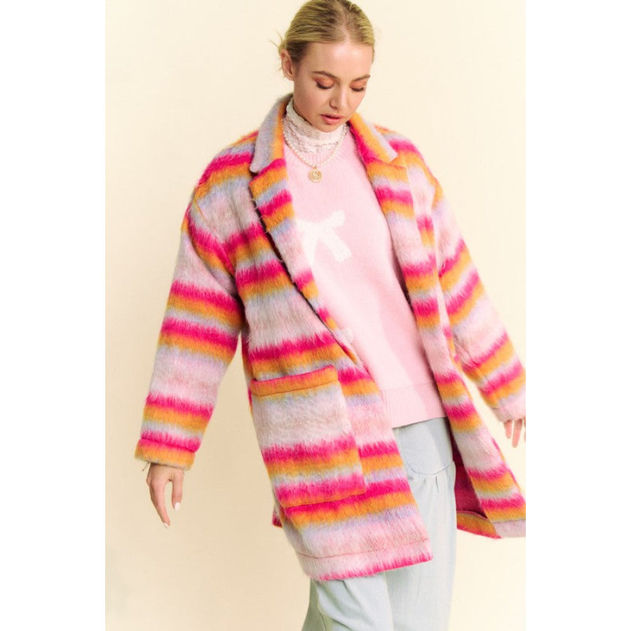 Davi & Dani Contrast Striped Open Front Coat with Pockets Apparel and Accessories