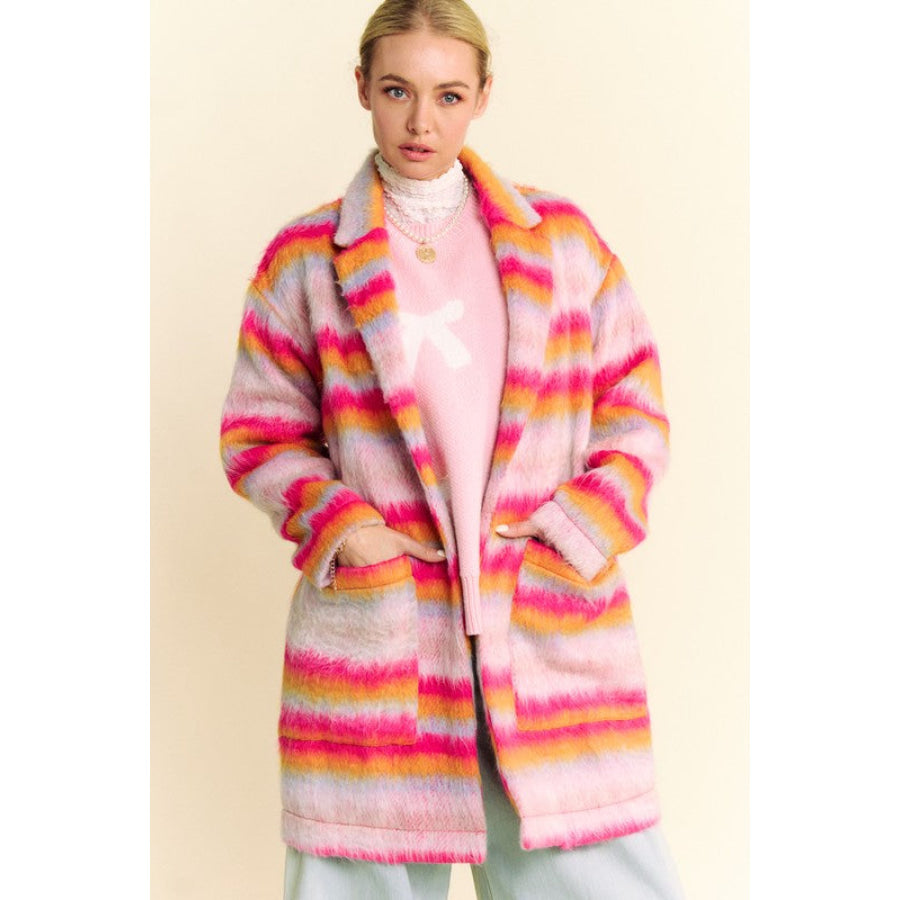 Davi & Dani Contrast Striped Open Front Coat with Pockets Pink Orange / S Apparel and Accessories