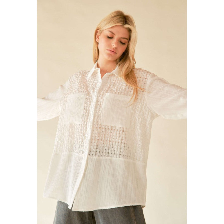 Davi & Dani Crinkled Jacquard Button Down Shirt Apparel and Accessories