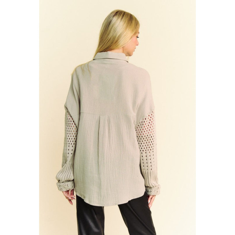 Davi & Dani Crochet Sleeve Crinkled Texture Shirt Apparel and Accessories