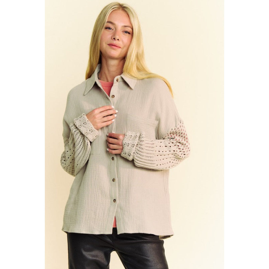 Davi & Dani Crochet Sleeve Crinkled Texture Shirt Apparel and Accessories