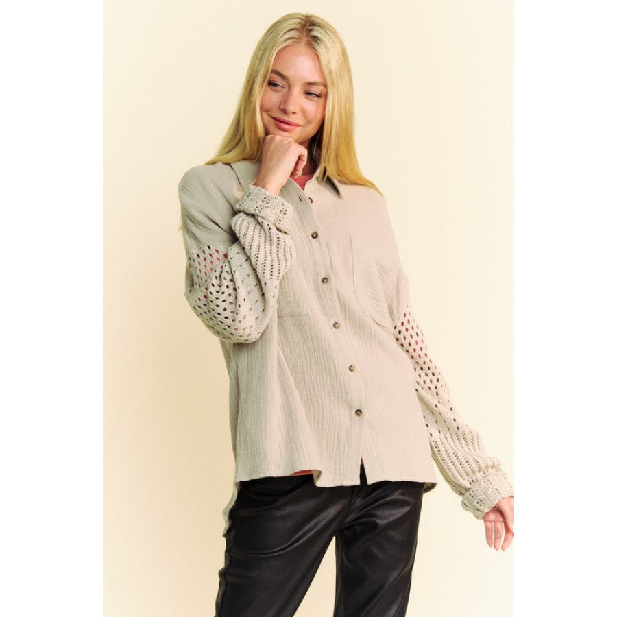 Davi & Dani Crochet Sleeve Crinkled Texture Shirt Apparel and Accessories