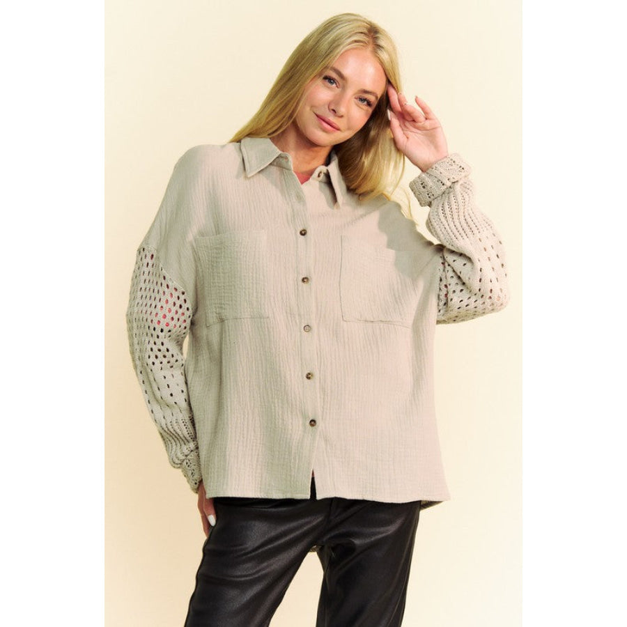 Davi & Dani Crochet Sleeve Crinkled Texture Shirt Apparel and Accessories