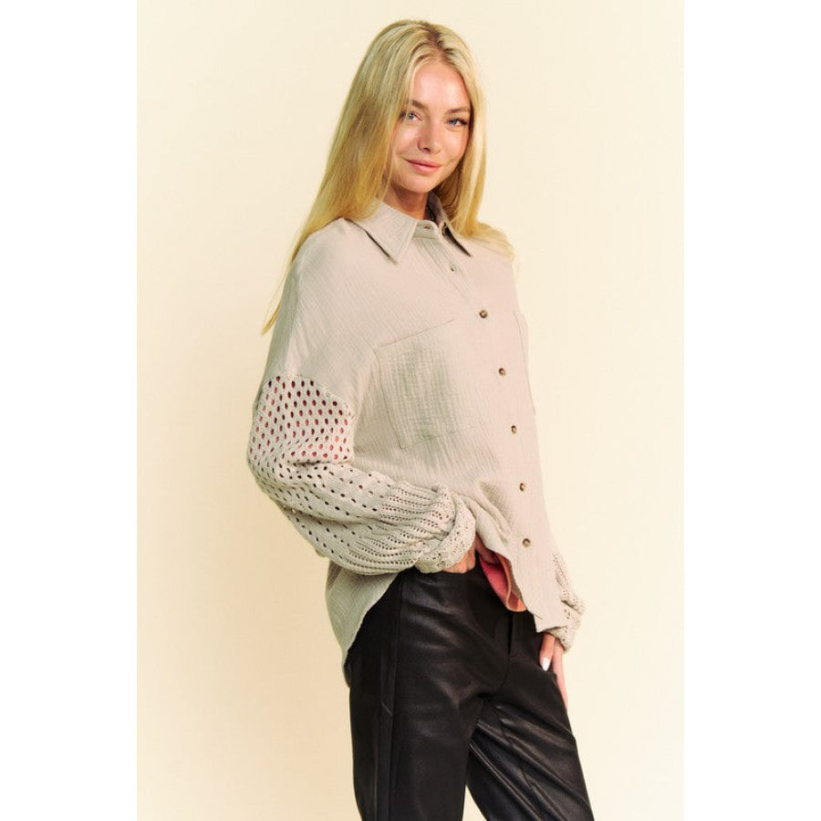 Davi & Dani Crochet Sleeve Crinkled Texture Shirt Apparel and Accessories