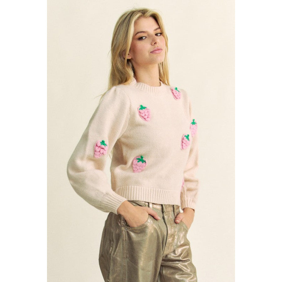 Davi & Dani Crochet Strawberry Round Neck Sweater Apparel and Accessories