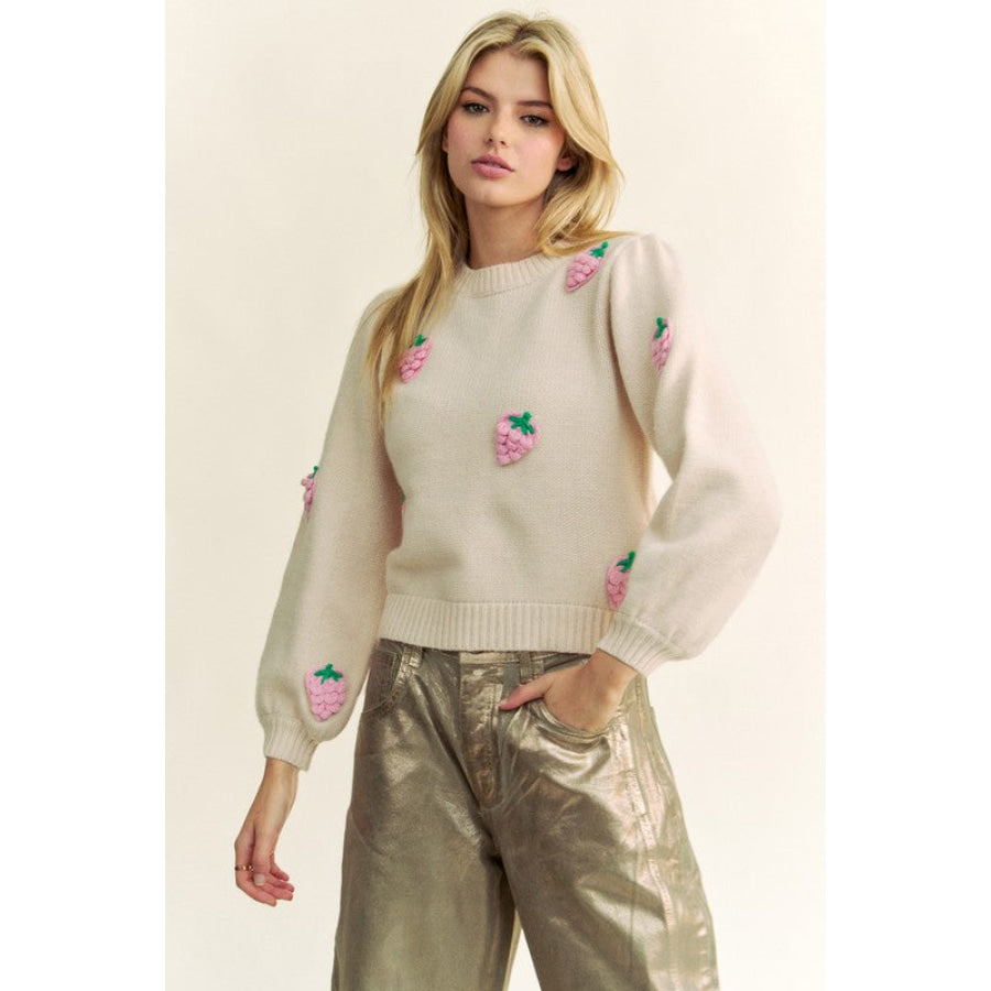 Davi & Dani Crochet Strawberry Round Neck Sweater Apparel and Accessories