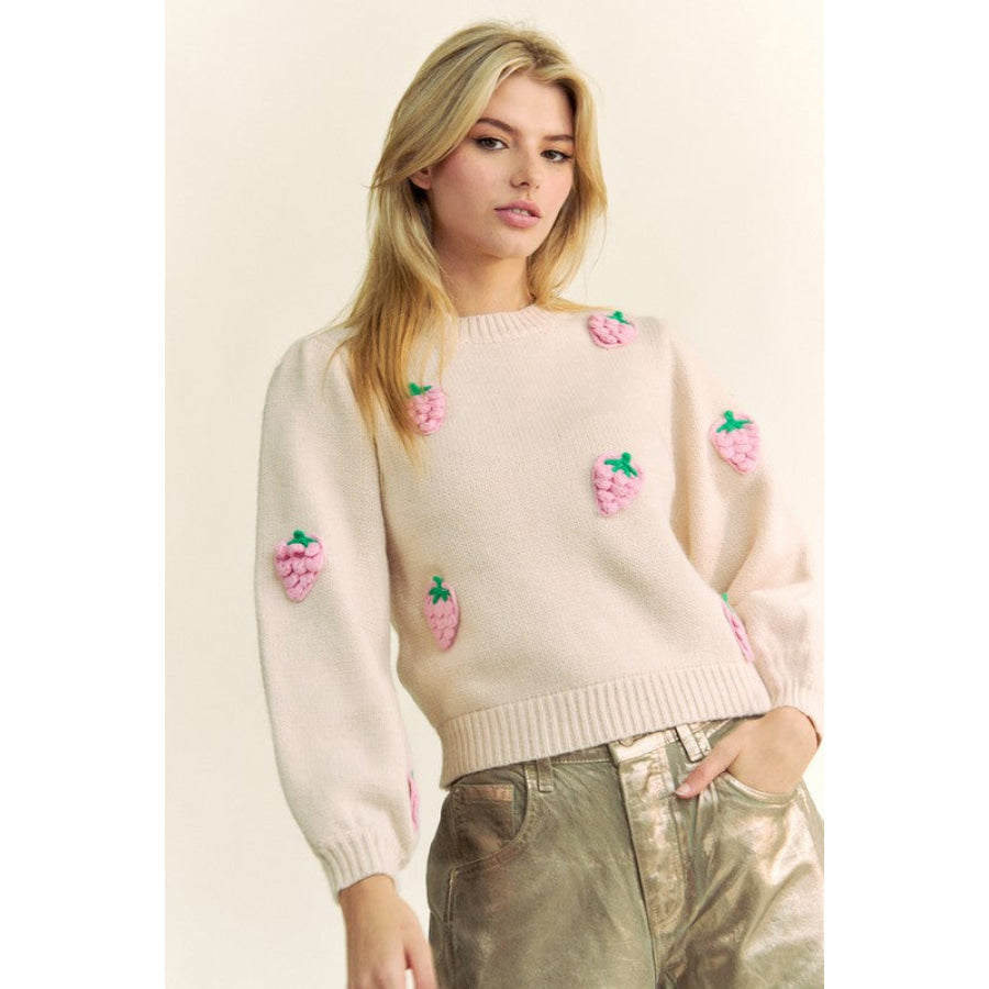 Davi & Dani Crochet Strawberry Round Neck Sweater Apparel and Accessories