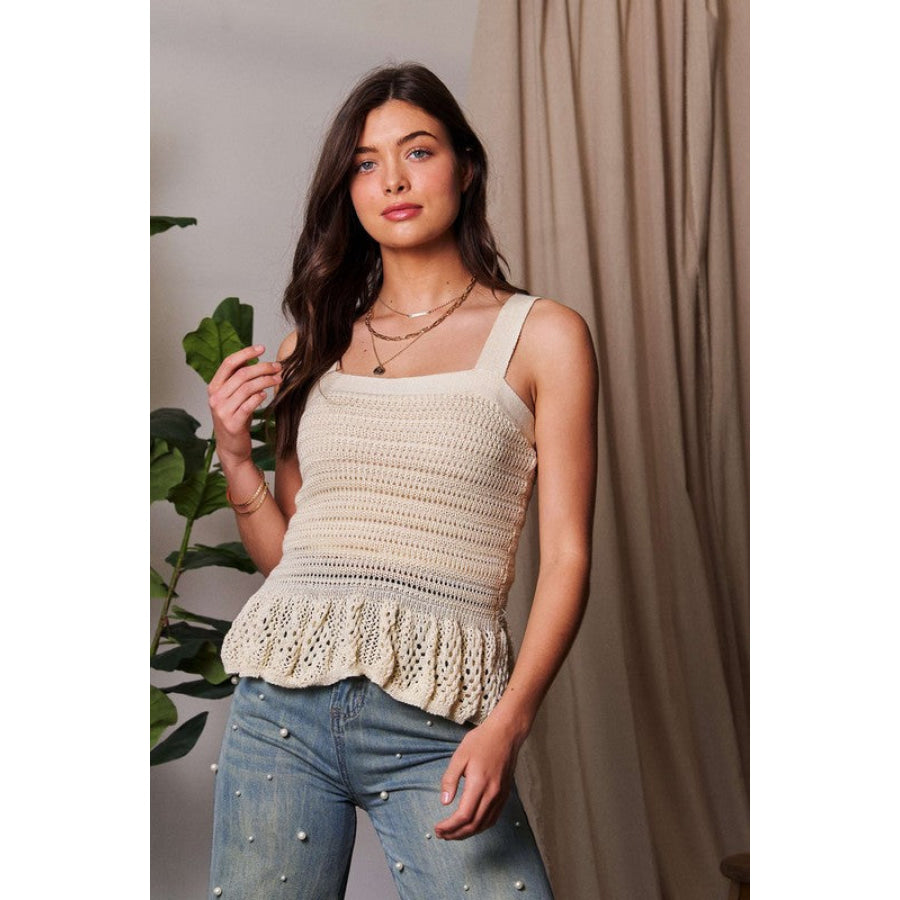 Davi & Dani Crochet Wide Strap Peplum Knit Tank Apparel and Accessories