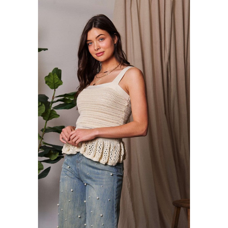 Davi & Dani Crochet Wide Strap Peplum Knit Tank Apparel and Accessories