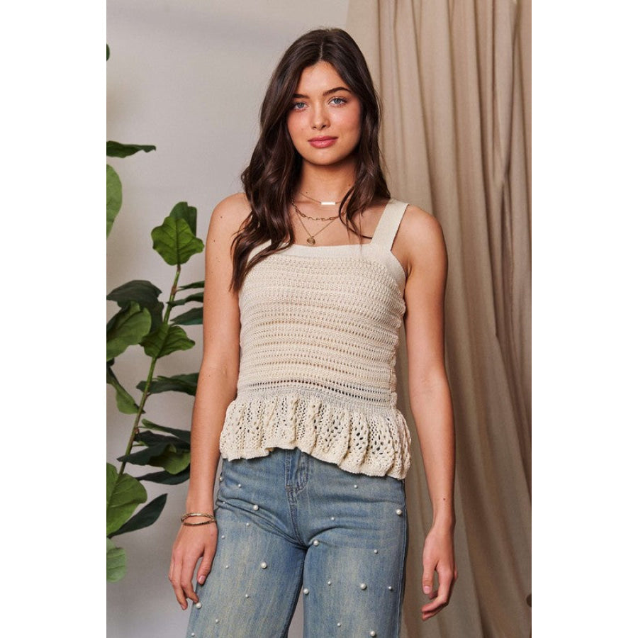 Davi & Dani Crochet Wide Strap Peplum Knit Tank Apparel and Accessories