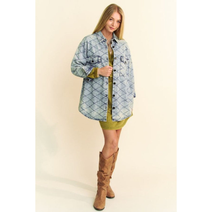 Davi & Dani Curved Hem Diamond Quilted Button Up Denim Shacket Apparel and Accessories