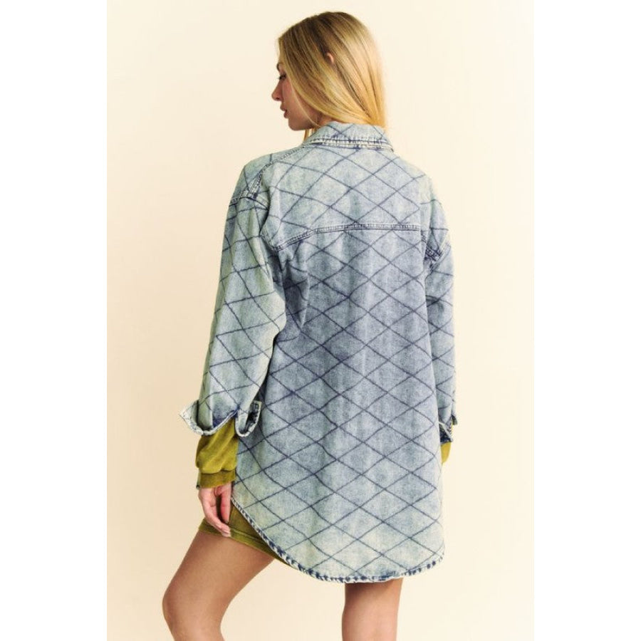 Davi & Dani Curved Hem Diamond Quilted Button Up Denim Shacket Apparel and Accessories