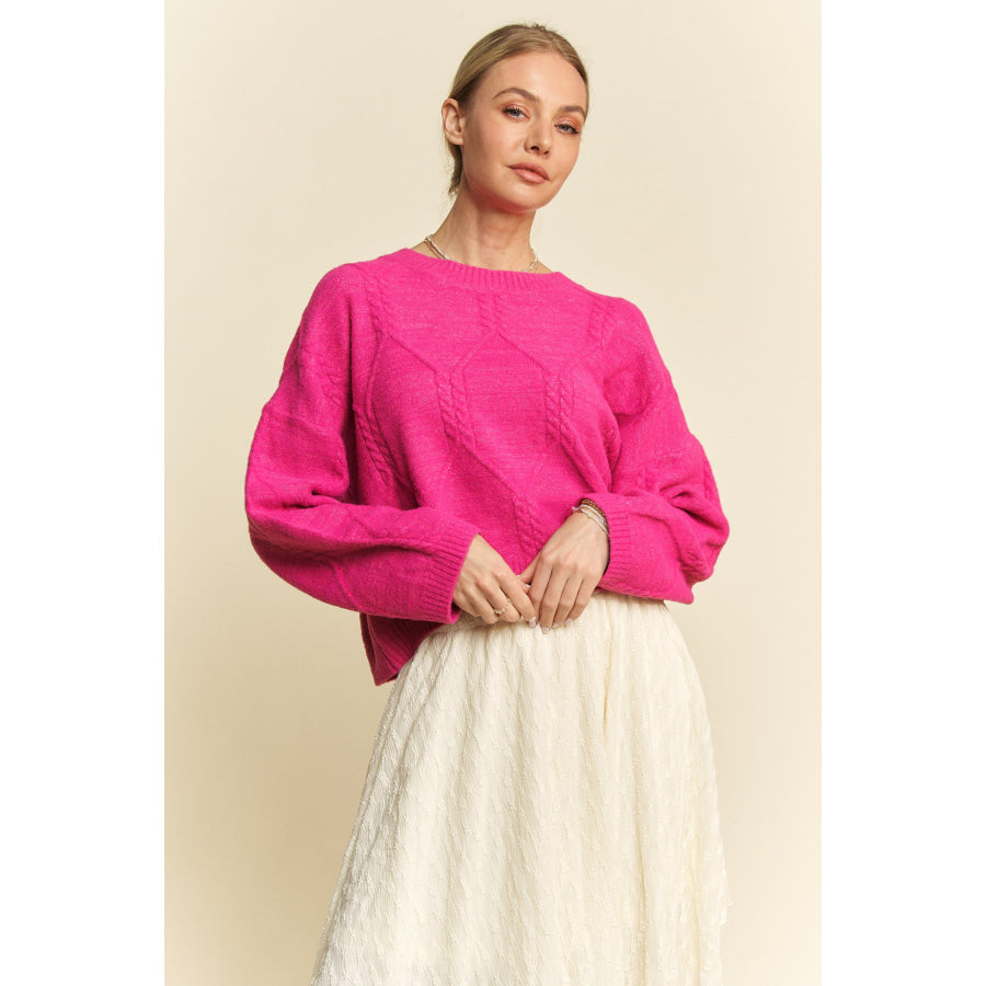 Davi & Dani Diamond Cable Pattern Drop Shoulder Sweater Apparel and Accessories