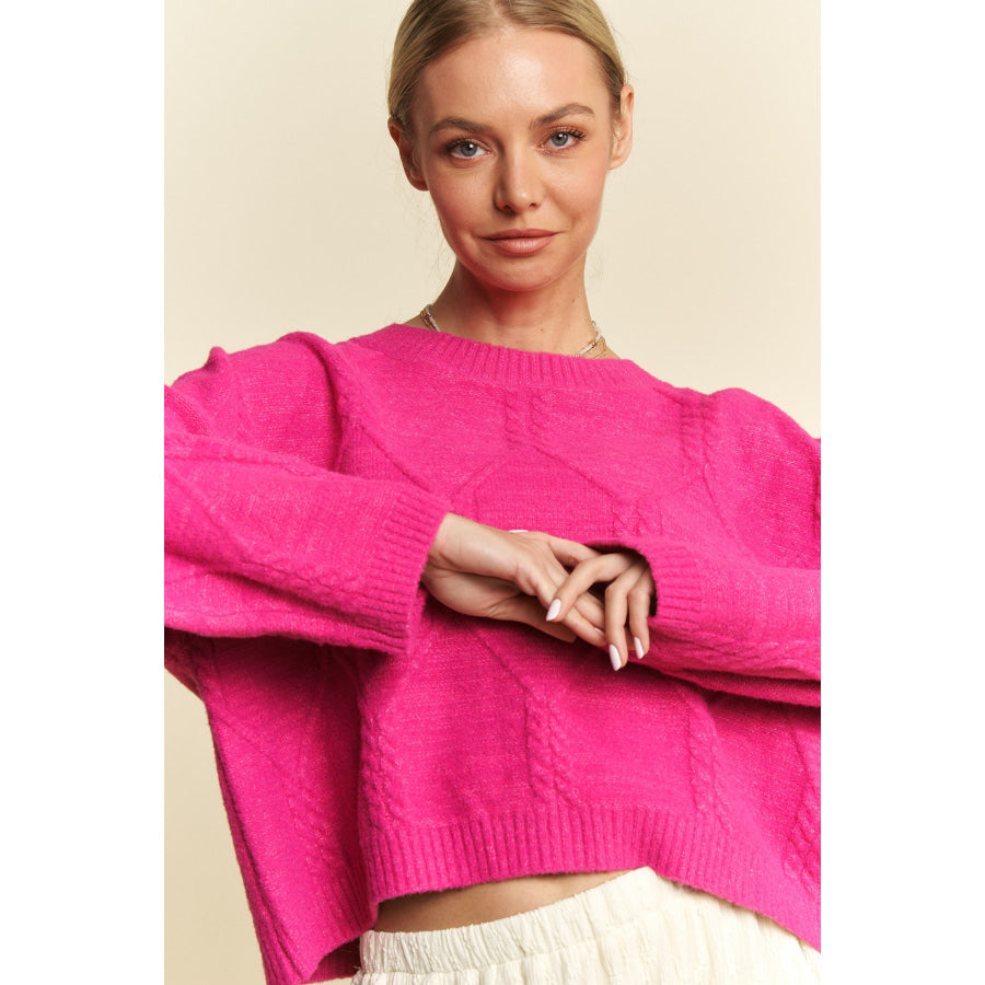 Davi & Dani Diamond Cable Pattern Drop Shoulder Sweater Apparel and Accessories