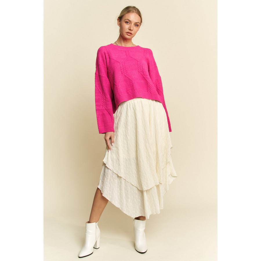 Davi & Dani Diamond Cable Pattern Drop Shoulder Sweater Apparel and Accessories