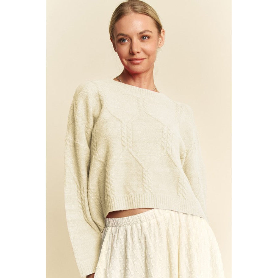 Davi & Dani Diamond Cable Pattern Drop Shoulder Sweater Apparel and Accessories