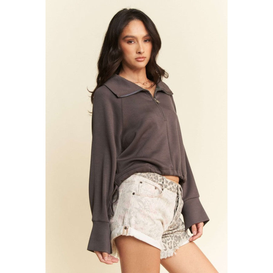 Davi & Dani Drawstring Hem Half Zip Raglan Sleeve Sweatshirt Apparel and Accessories