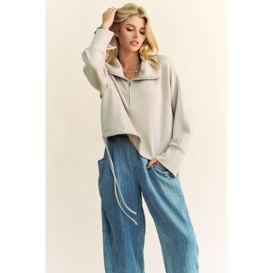 Davi & Dani Drawstring Hem Half Zip Raglan Sleeve Sweatshirt Apparel and Accessories