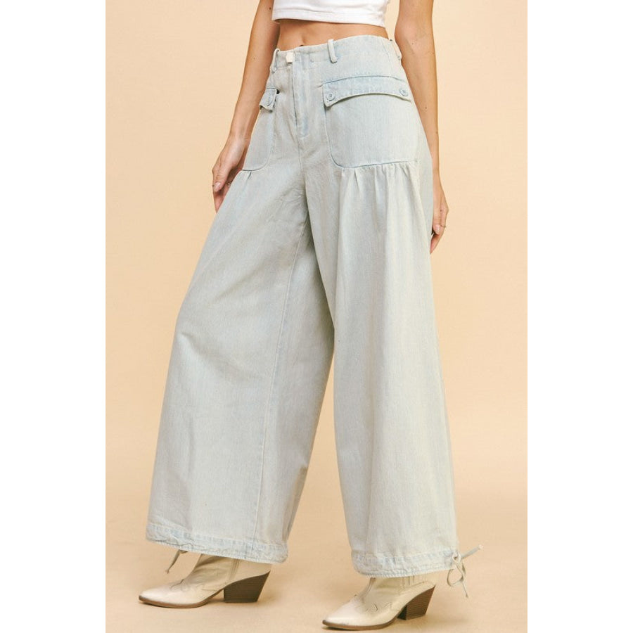 Davi & Dani Drawstring Hem Wide Leg Mid Rise Jeans Apparel and Accessories