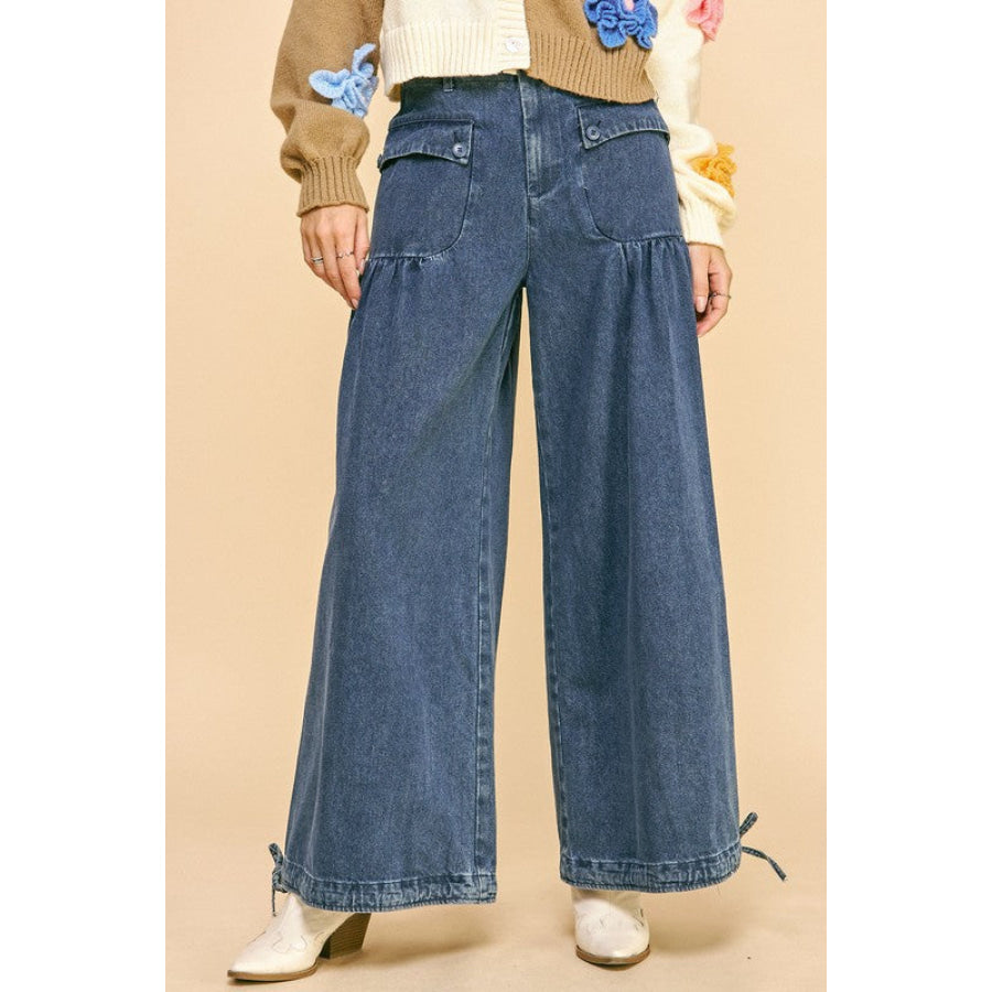 Davi & Dani Drawstring Hem Wide Leg Mid Rise Jeans Apparel and Accessories