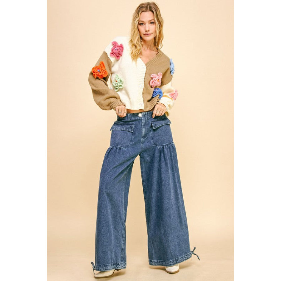 Davi & Dani Drawstring Hem Wide Leg Mid Rise Jeans Apparel and Accessories