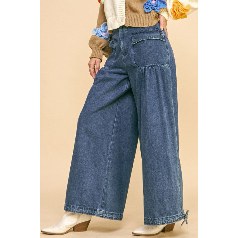 Davi & Dani Drawstring Hem Wide Leg Mid Rise Jeans Apparel and Accessories