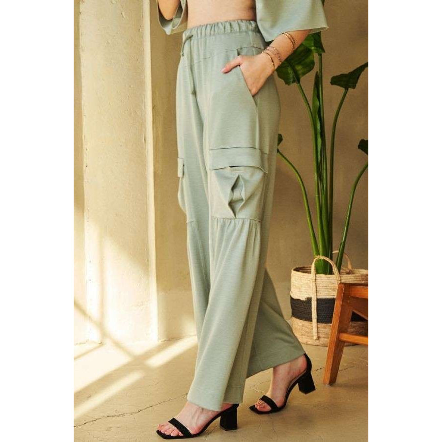Davi & Dani Drawstring Ruched Detail Wide Leg Pants Apparel and Accessories