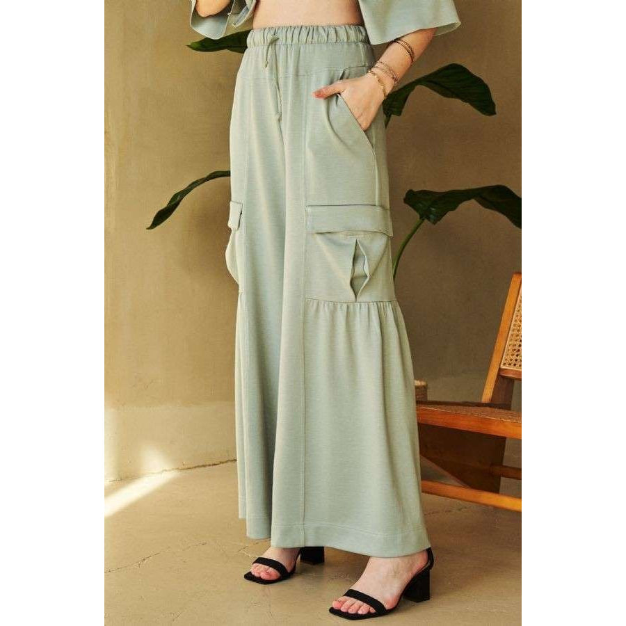 Davi & Dani Drawstring Ruched Detail Wide Leg Pants Apparel and Accessories