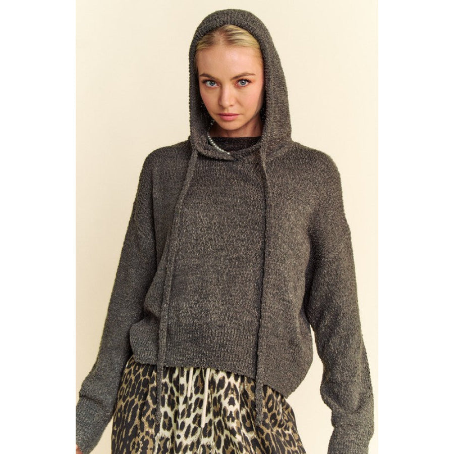 Davi & Dani Drop Shoulder Long Sleeve Hooded Sweater Charcoal / S Apparel and Accessories