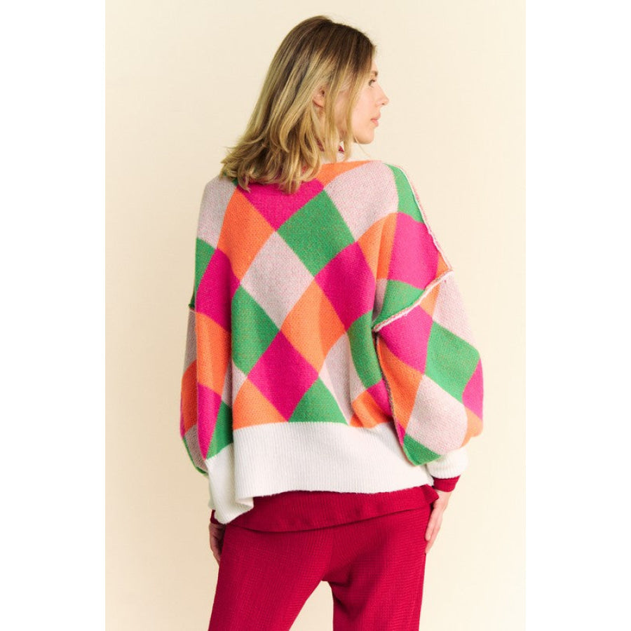 Davi & Dani Exposed Seam Color Block Dropped Shoulder Sweater Apparel and Accessories