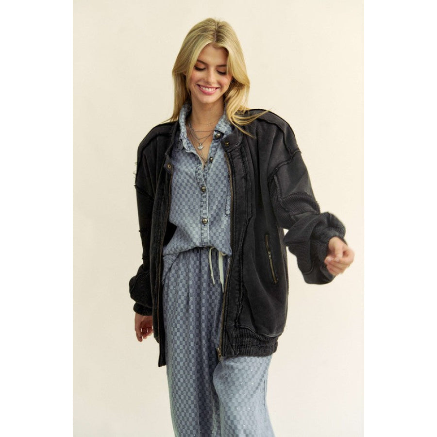 Davi & Dani Exposed Seam Zip Up Dropped Shoulder Jacket Apparel and Accessories