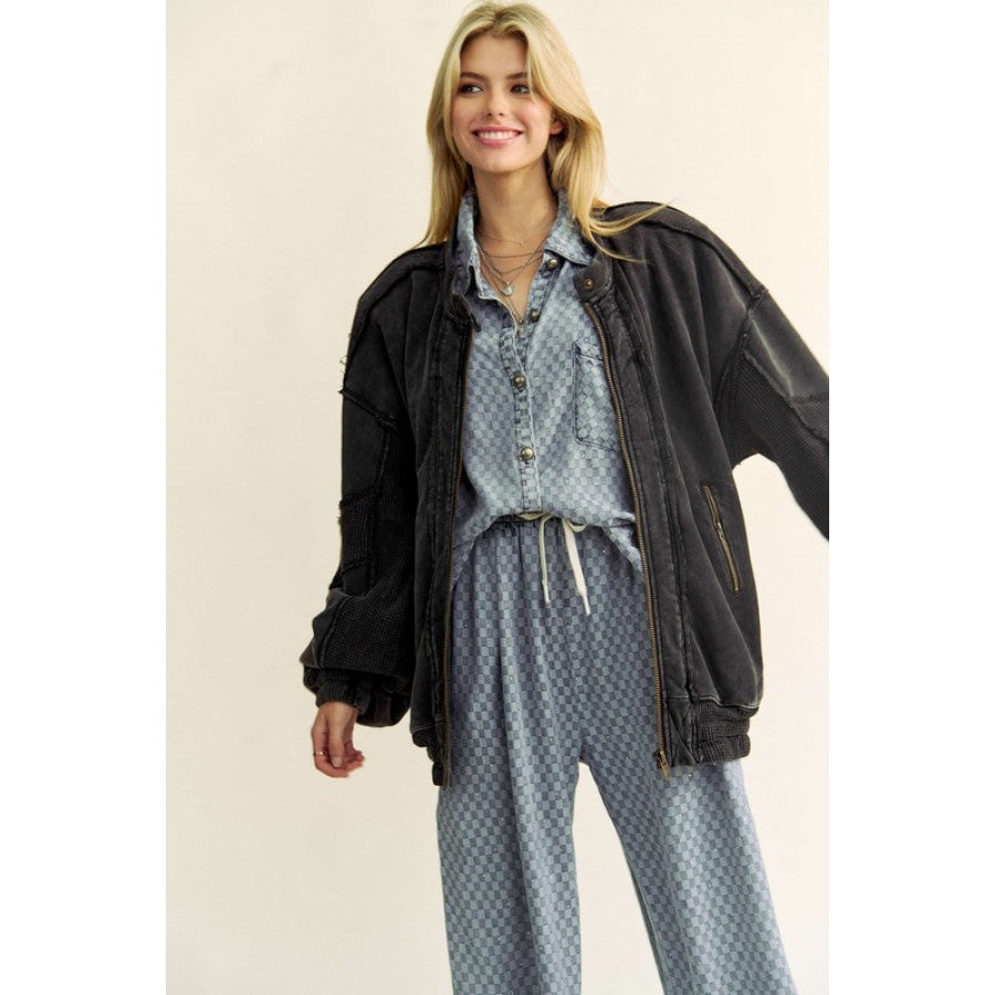 Davi & Dani Exposed Seam Zip Up Dropped Shoulder Jacket Apparel and Accessories