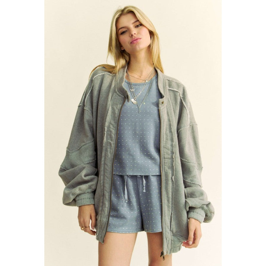 Davi & Dani Exposed Seam Zip Up Dropped Shoulder Jacket Apparel and Accessories