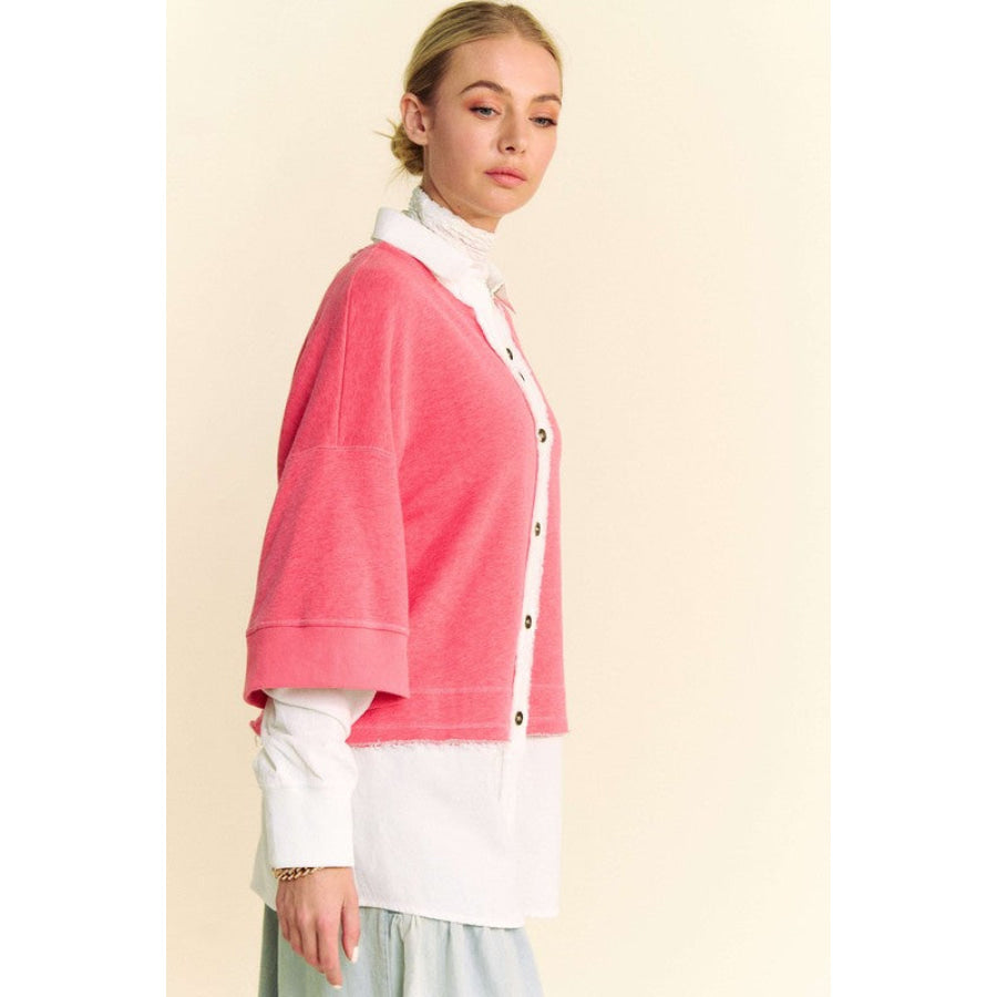 Davi & Dani Faux Layered French Terry Contrast Top Apparel and Accessories