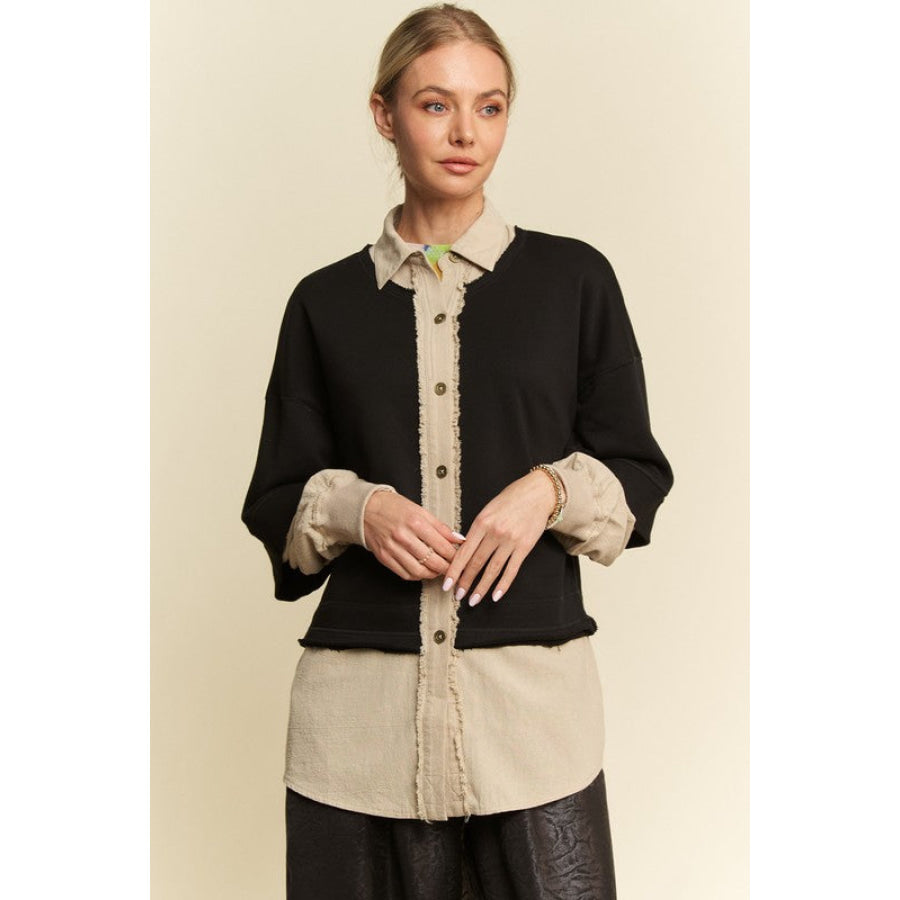 Davi & Dani Faux Layered French Terry Contrast Top Apparel and Accessories