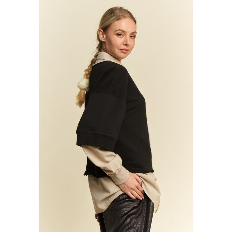 Davi & Dani Faux Layered French Terry Contrast Top Apparel and Accessories