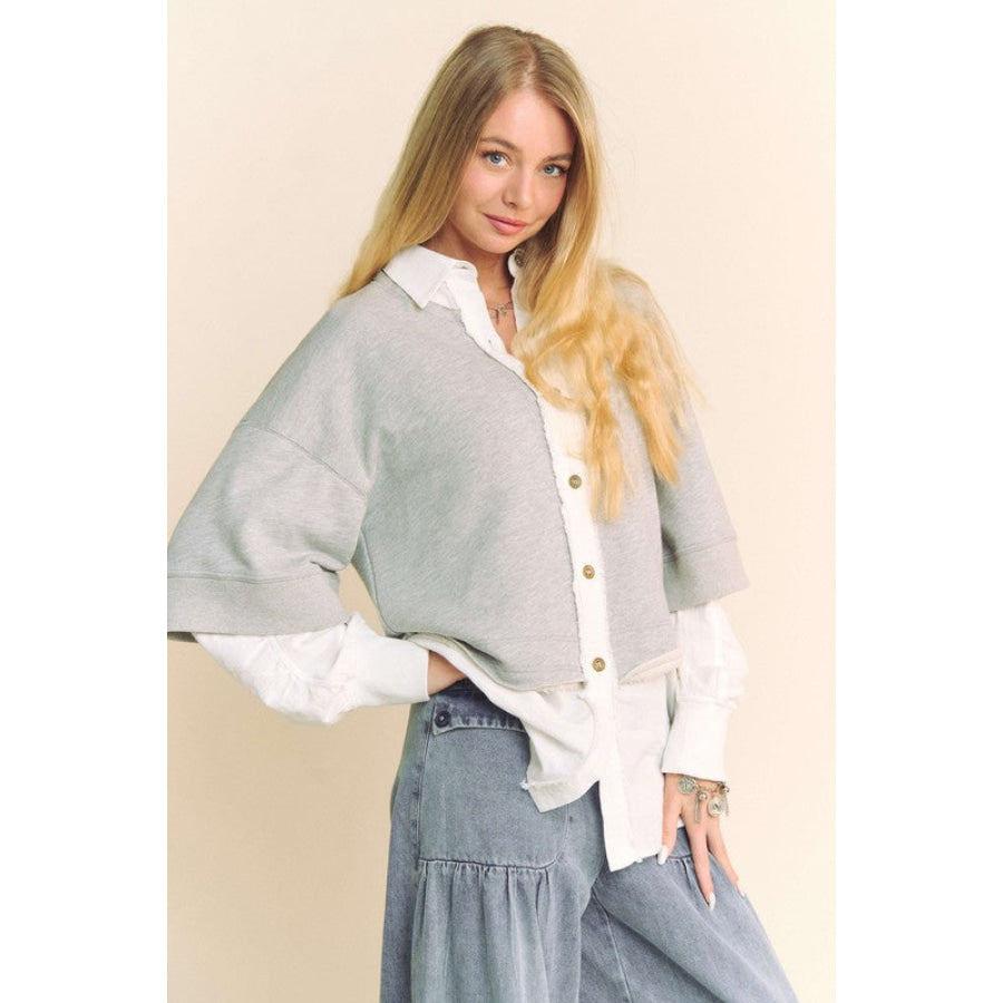 Davi & Dani Faux Layered French Terry Contrast Top Apparel and Accessories