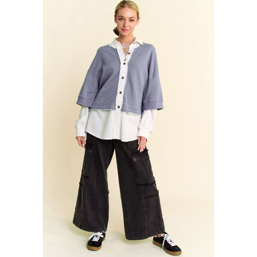 Davi & Dani Faux Layered French Terry Contrast Top Apparel and Accessories